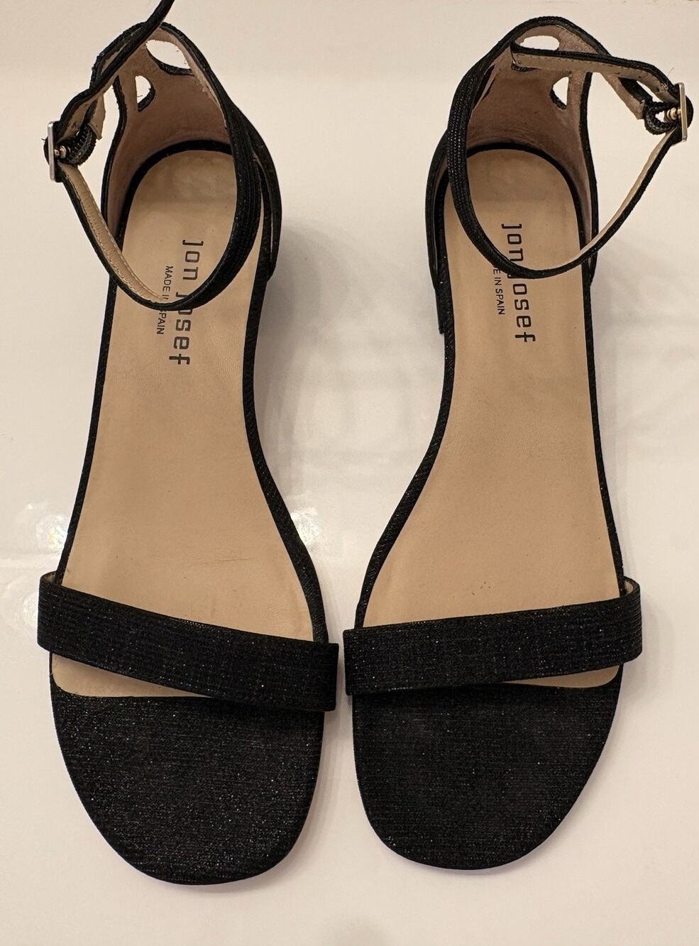 Jon Josef Sandals Textured Black Sparkle Finish Block Heel Size 8 Made In Spain